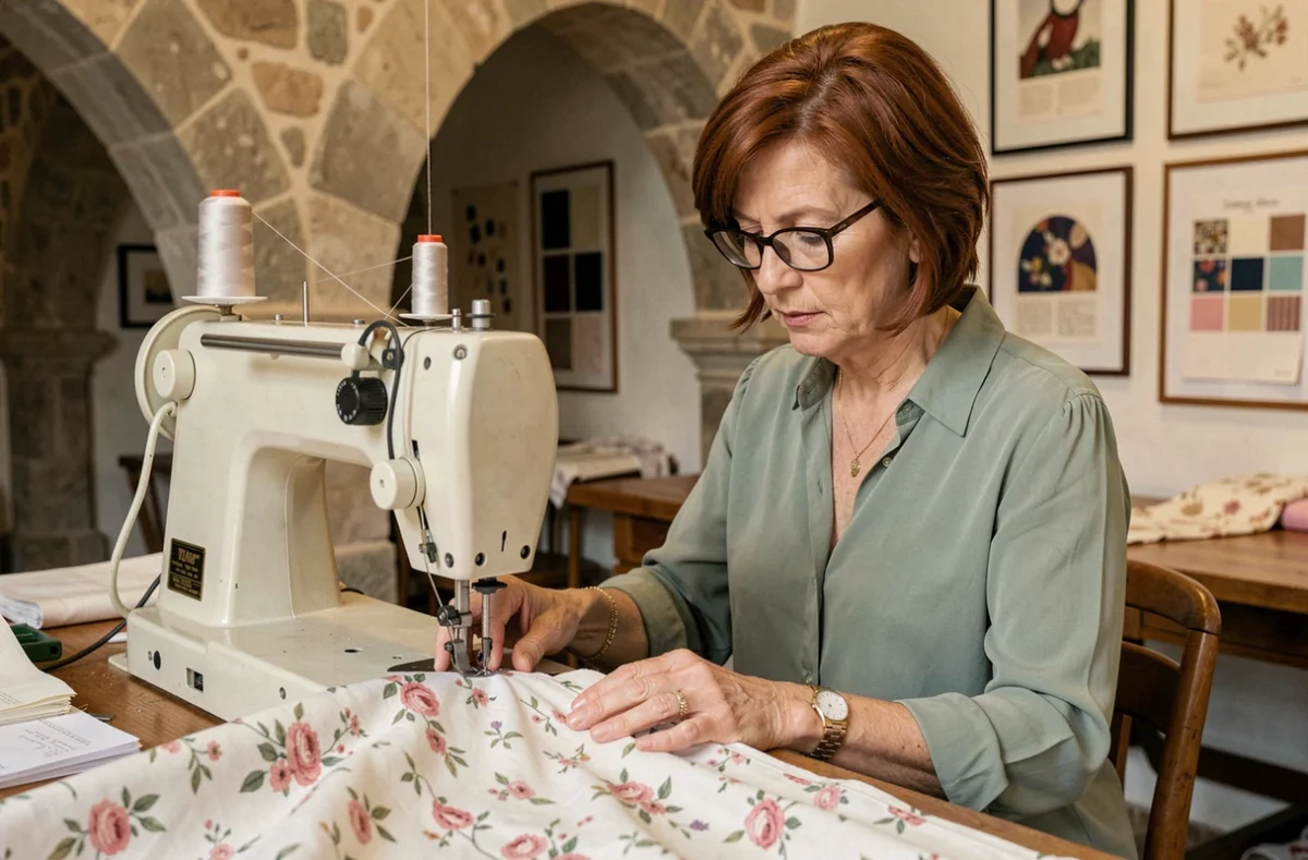 Couturière de L'Aiguille Magique à Avignon travaillant sur une machine à coudre professionnelle avec un tissu fleuri