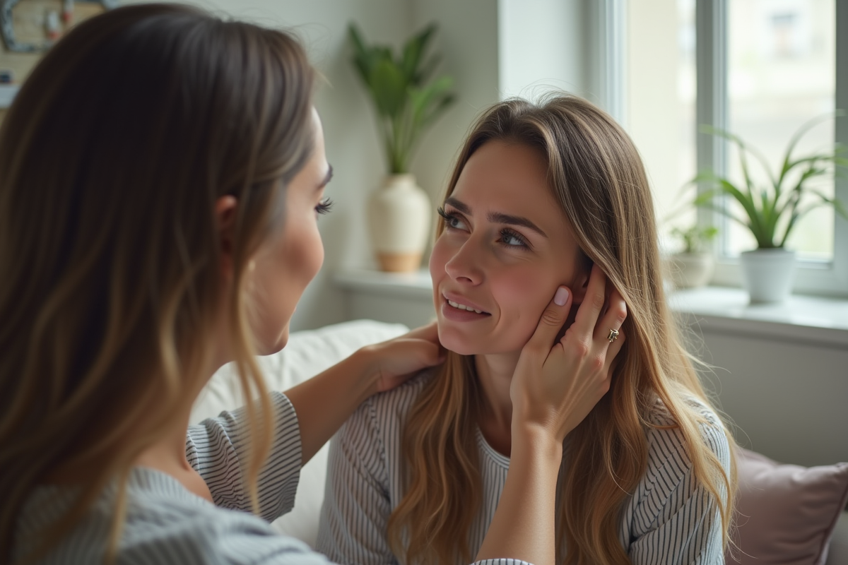 Amie réconfortant une femme inquiète dans un salon lumineux