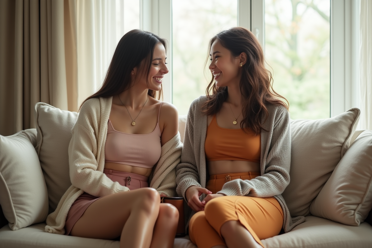 Deux amies riant dans un appartement lumineux