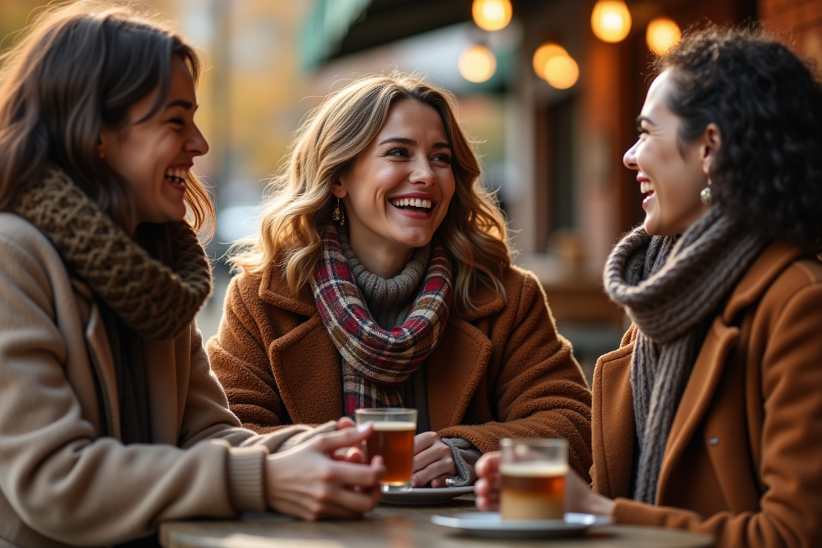 Groupe d amis riant à un café en automne en plein air