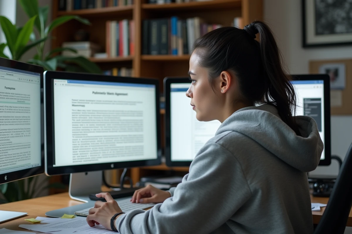 Une jeune femme analyse des documents légaux et des conditions d'utilisation sur un double écran depuis son bureau à domicile, soulignant la complexité juridique des plateformes de leaks