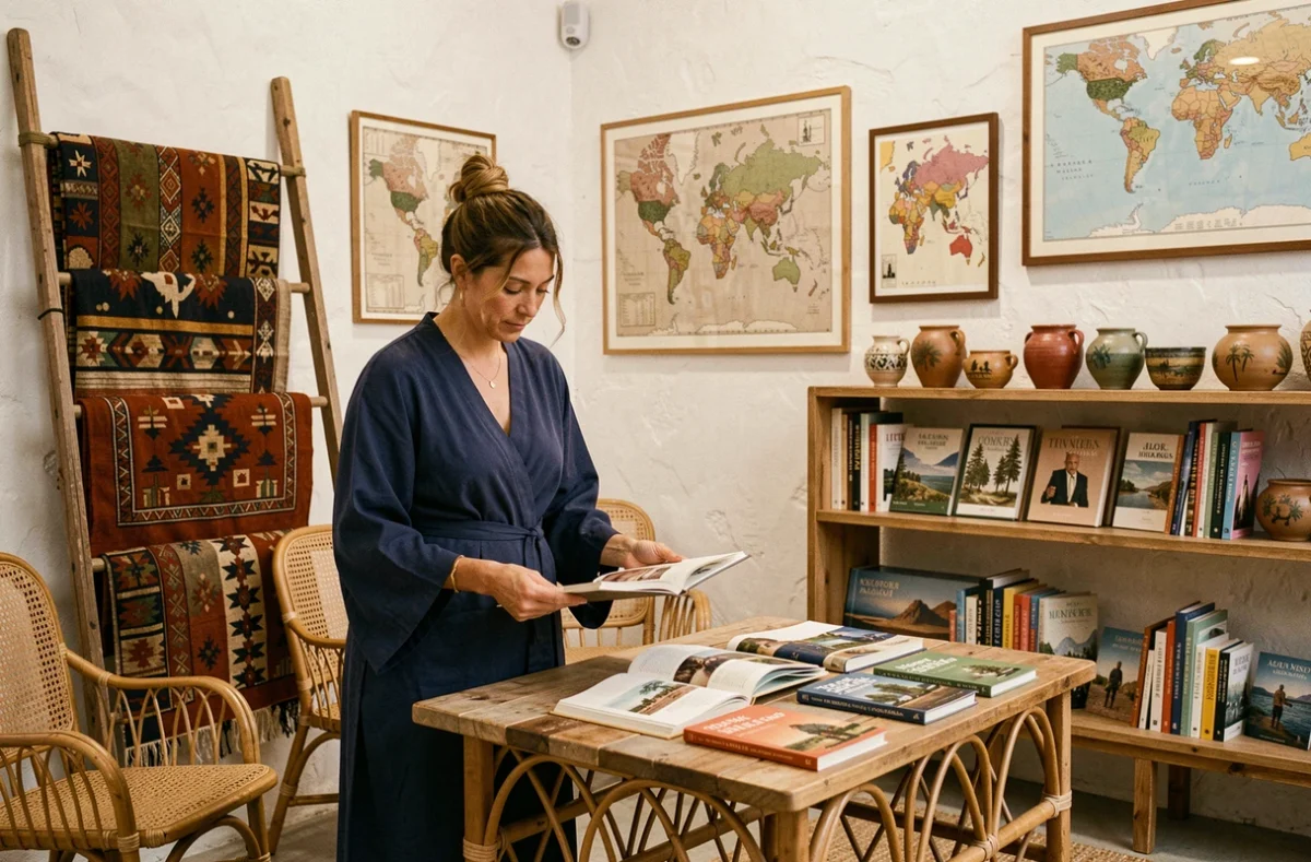Intérieur d'Anouk Ailleurs concept store avec mobilier en rotin, textiles artisanaux du monde, cartes peintes et céramiques de voyage sur fond de murs blanchis