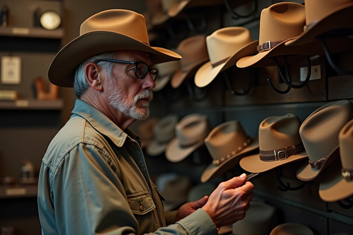 Antiquaire examinant une collection de chapeaux western vintage dans une boutique d'antiquités avec plusieurs modèles de cowboys historiques