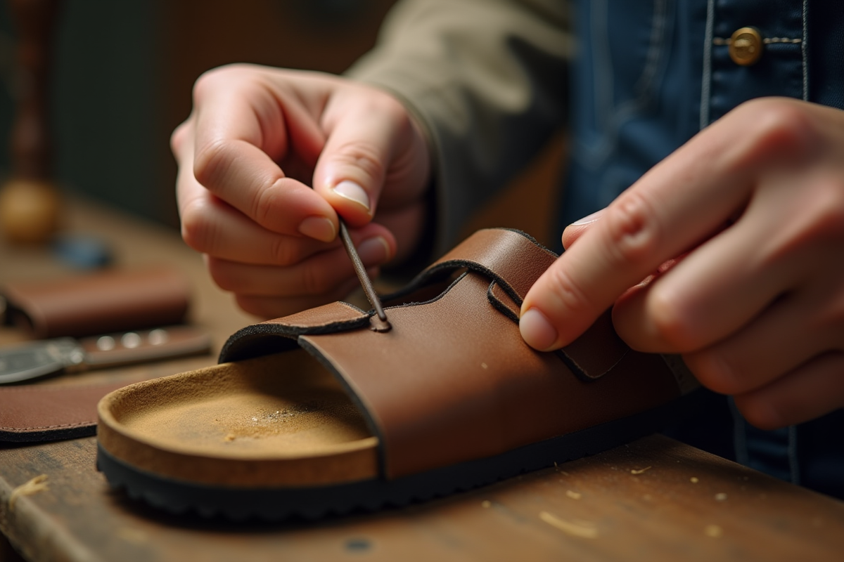 Main d artisan cousant une bride de sandale Birkenstock dans un atelier