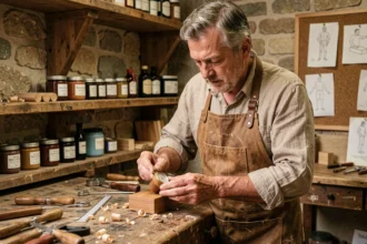 Artisan horloger français façonnant un boîtier de montre en bois dans son atelier traditionnel
