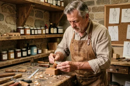 Artisan horloger français façonnant un boîtier de montre en bois dans son atelier traditionnel