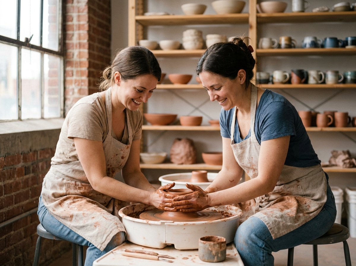 Deux amies participant ensemble à un atelier de poterie, les mains dans l'argile sur un tour de céramique