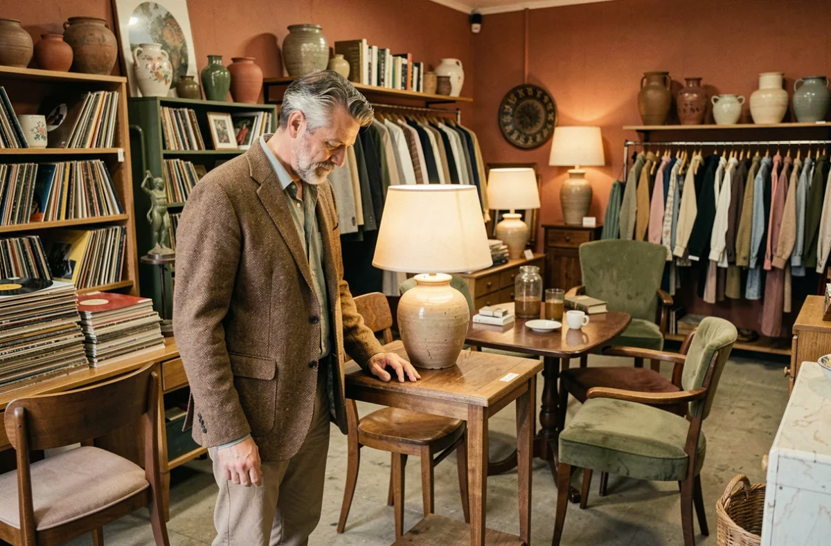 Un homme examine une lampe vintage dans la boutique Autrement à Tours, entourée de meubles mid-century, de vinyles et de vêtements de seconde main disposés en vignettes thématiques