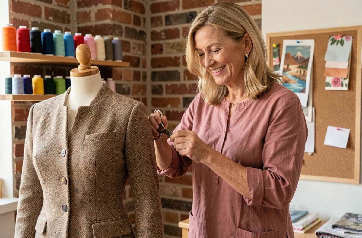 Couturière Aux 7 Coutures à Pertuis coupant les fils d'une veste structurée sur un mannequin dans son atelier