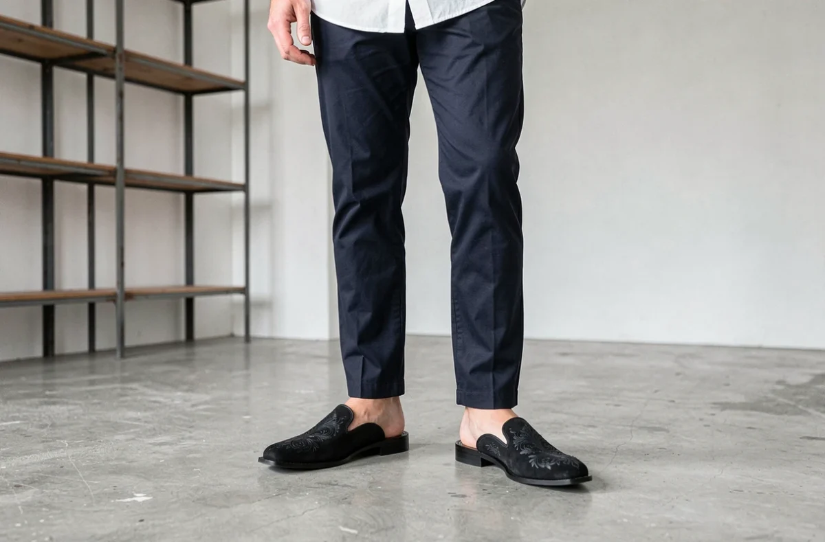 Zoom sur des babouches brodées noires portées avec un chino marine dans un appartement parisien minimaliste
