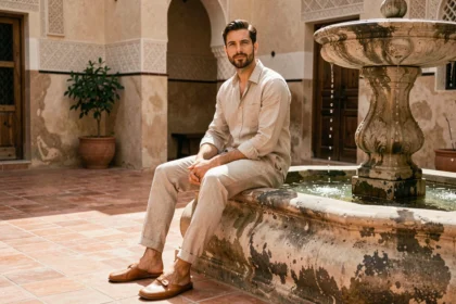 Homme élégant portant des babouches en cuir tan avec une tenue en lin dans une cour de médina marocaine