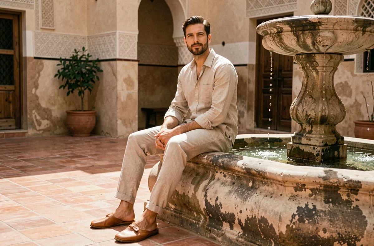 Homme élégant portant des babouches en cuir tan avec une tenue en lin dans une cour de médina marocaine
