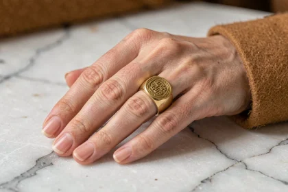 Bague chevalière dorée à motif géométrique gravé portée sur l'index d'une femme, posée sur une surface en marbre brut