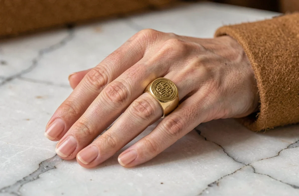 Bague chevalière dorée à motif géométrique gravé portée sur l'index d'une femme, posée sur une surface en marbre brut