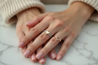 Bague coeur magnétique personnalisée en or rose portée sur les doigts d'une femme, posée sur du marbre blanc