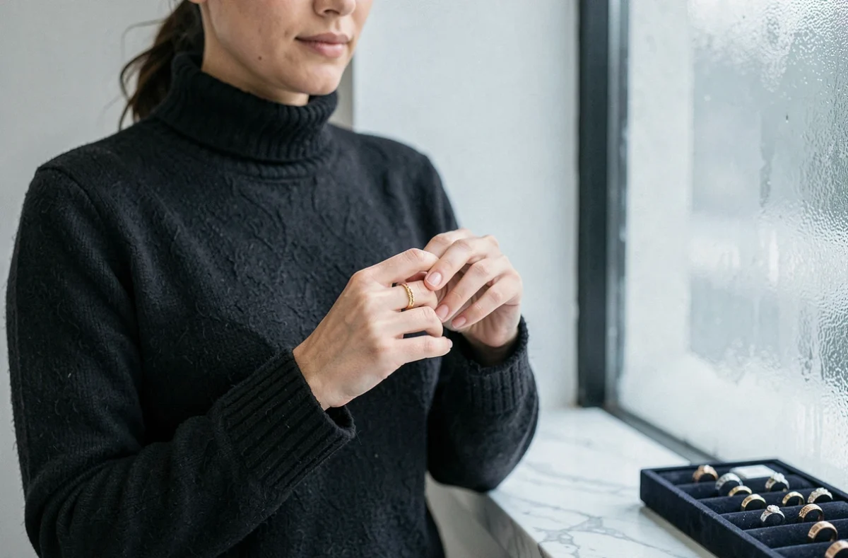 Femme essayant une bague en or sur un doigt légèrement rétréci par le froid dans une boutique de bijoux minimaliste