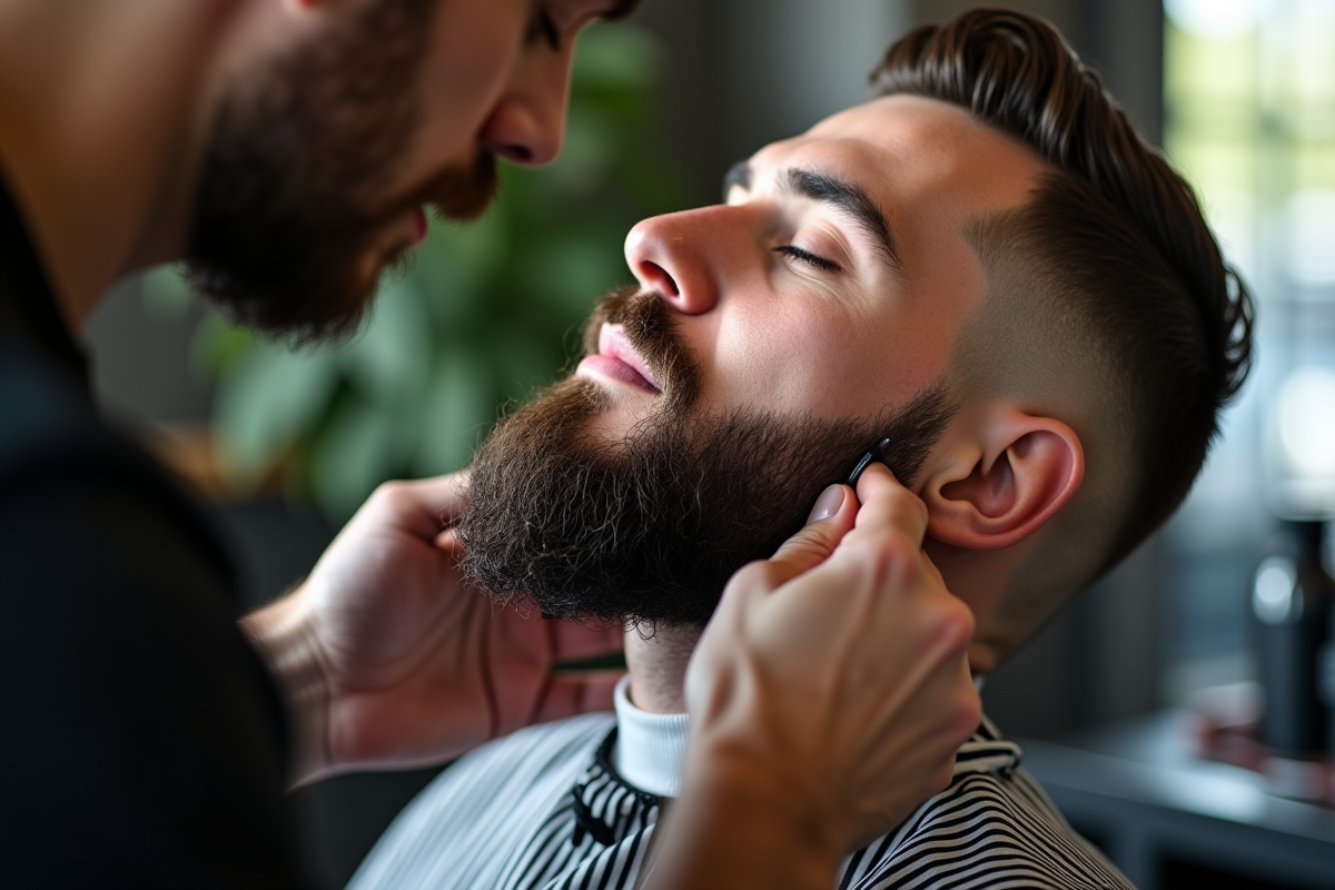 Barbier sculptant une barbe Balbo avec précision dans un salon moderne