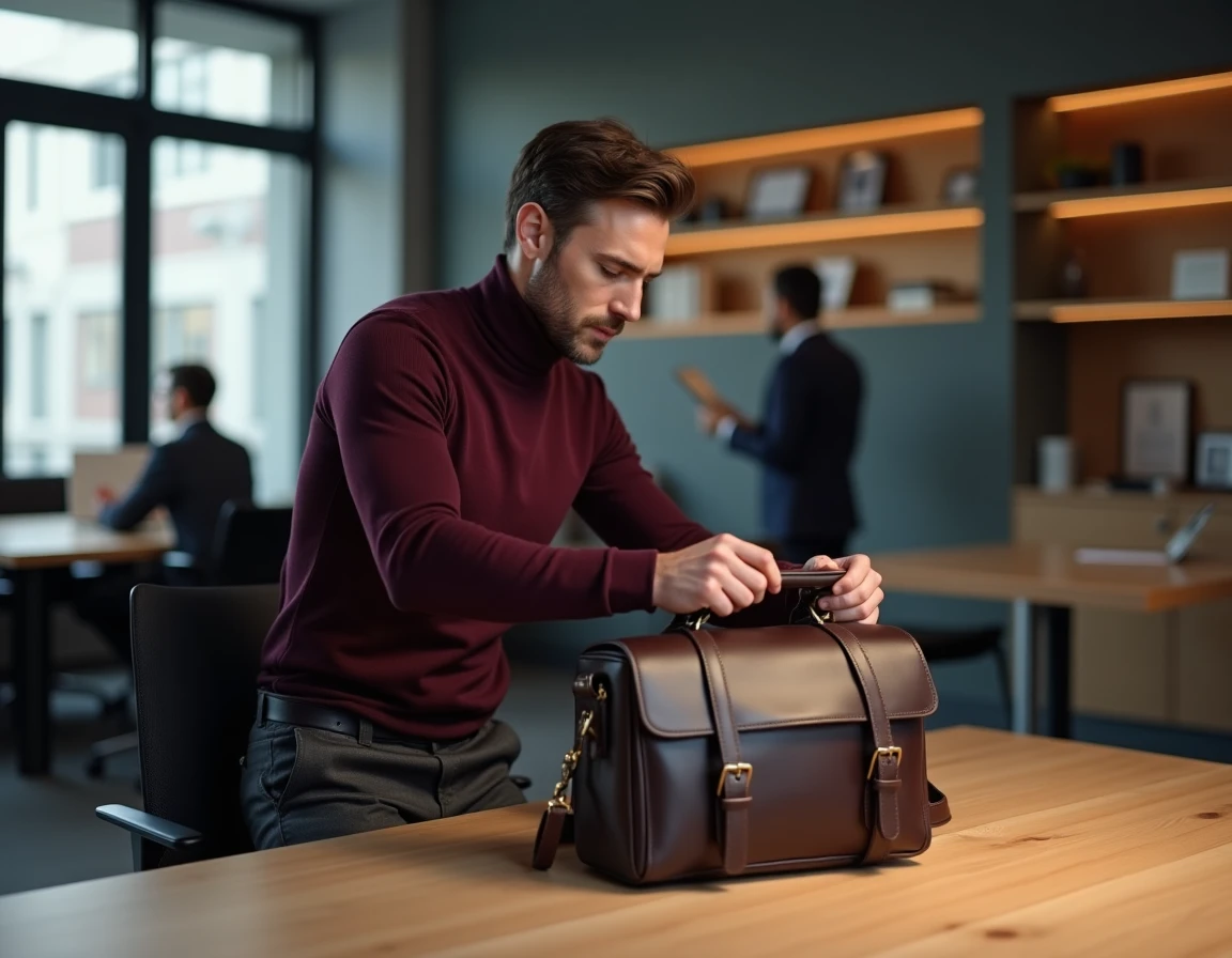 Homme professionnel en col roulé bordeaux posant une besace en cuir marron structurée sur un bureau en bois dans un bureau contemporain