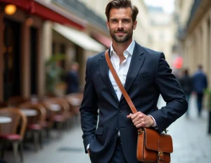 Homme élégant en blazer marine portant une besace en cuir pleine fleur couleur cognac en bandoulière dans une rue pavée parisienne