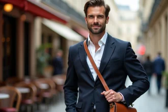 Homme élégant en blazer marine portant une besace en cuir pleine fleur couleur cognac en bandoulière dans une rue pavée parisienne