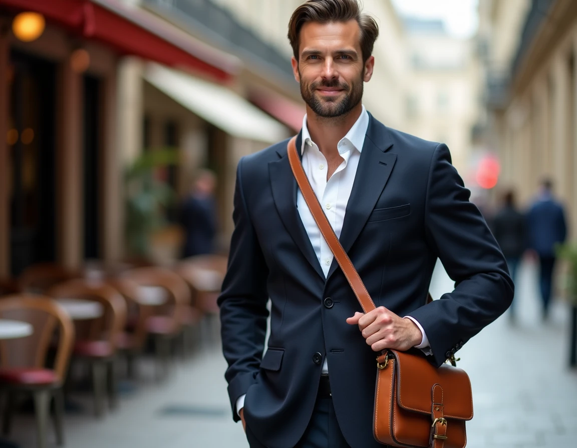 Homme élégant en blazer marine portant une besace en cuir pleine fleur couleur cognac en bandoulière dans une rue pavée parisienne