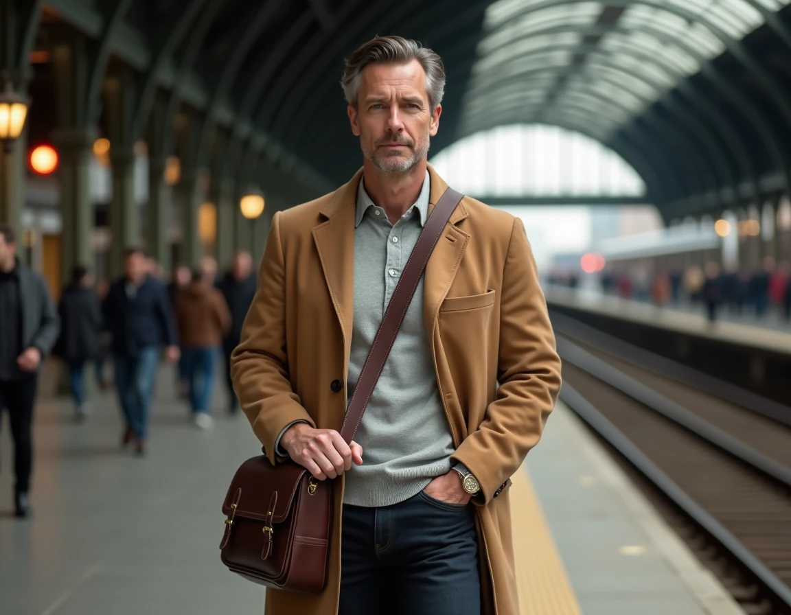 Homme en manteau camel portant une besace en cuir espresso en bandoulière sur un quai de gare aux architectures en fer forgé
