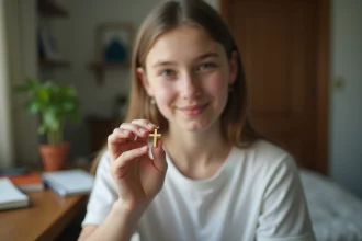 Adolescente tenant un pendentif croix en or entre ses doigts dans une chambre lumineuse, bijou religieux discret pour ado