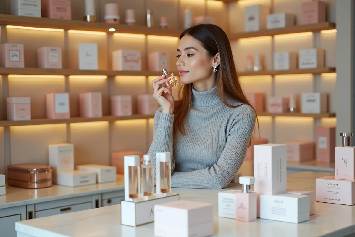 Femme découvrant des parfums et produits de beauté dans une boutique élégante des Champs-Élysées
