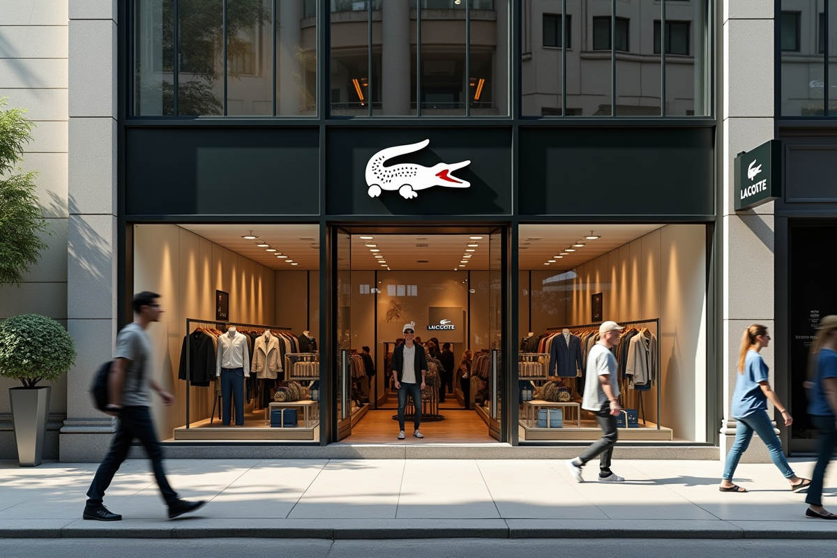 Vitrine Lacoste avec logo visible dans un environnement urbain ensoleille
