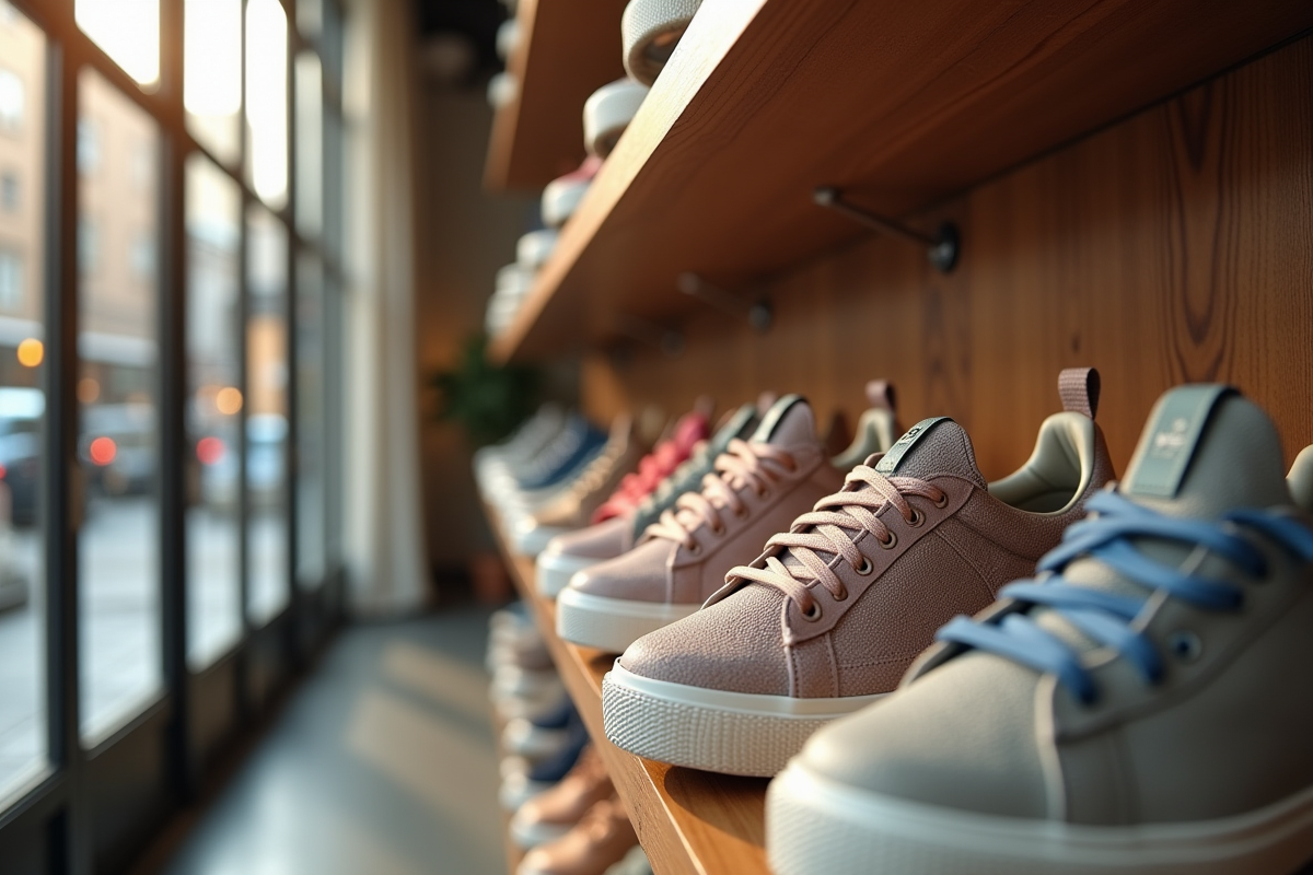 Boutique urbaine avec plusieurs paires de sneakers Veja