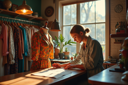 Vitrine d'une boutique vintage avec un essayeur examinant une robe colorée des années 1970