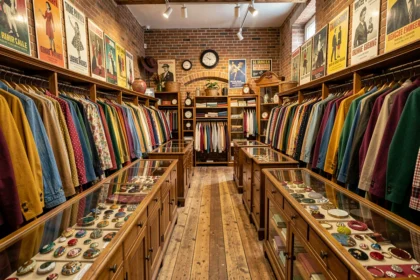 Intérieur d'une boutique vintage typique du Centre-Val de Loire avec des portants chargés de vêtements rétro colorés, des murs en briques et un parquet ancien