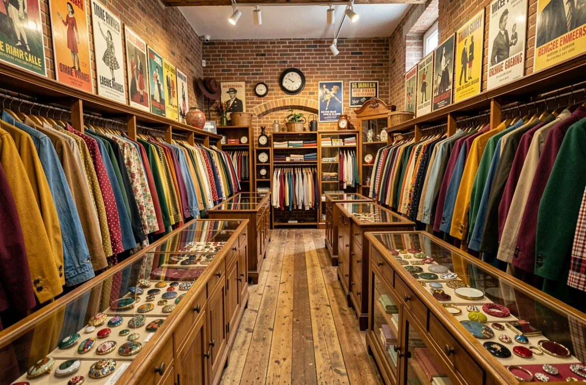 Intérieur d'une boutique vintage typique du Centre-Val de Loire avec des portants chargés de vêtements rétro colorés, des murs en briques et un parquet ancien