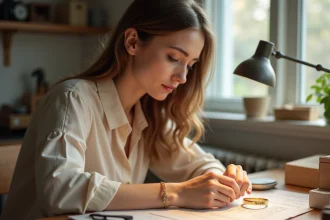 Jeune femme inspectant un bracelet en or personnalisé