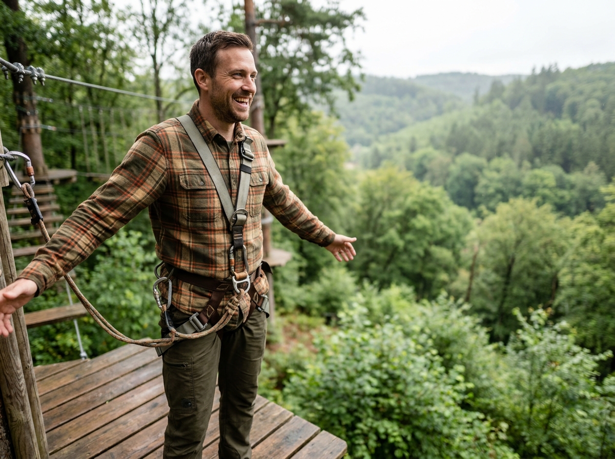 Homme souriant en harnais sur une plateforme de parc accrobranche, offrant une expérience de cadeau aventure