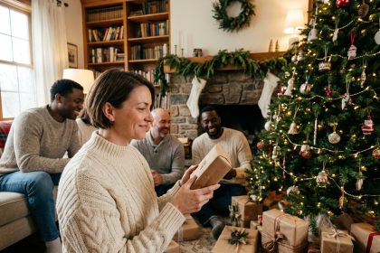 Famille réunie autour d'un sapin de Noël décoré, échangeant des cadeaux originaux dans un salon chaleureux
