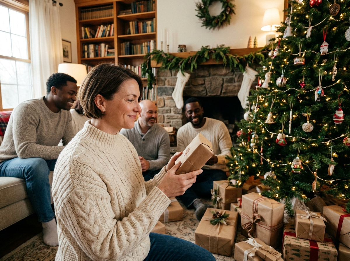 Famille réunie autour d'un sapin de Noël décoré, échangeant des cadeaux originaux dans un salon chaleureux