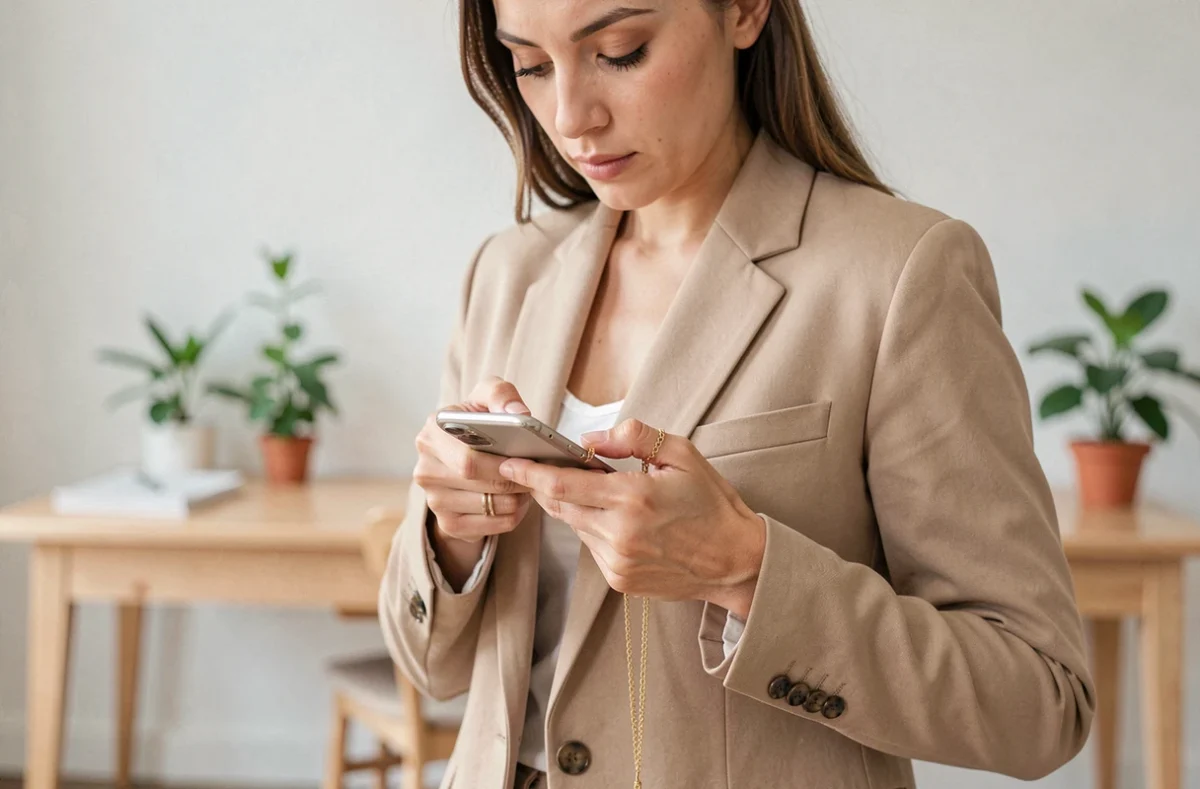 Femme en blazer beige attachant une chaîne dorée à son smartphone dans un bureau minimaliste scandinave
