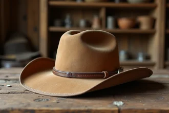 Chapeau de cowboy Stetson vintage des années 1940 posé sur une table en bois rustique avec bande en cuir et concho en argent