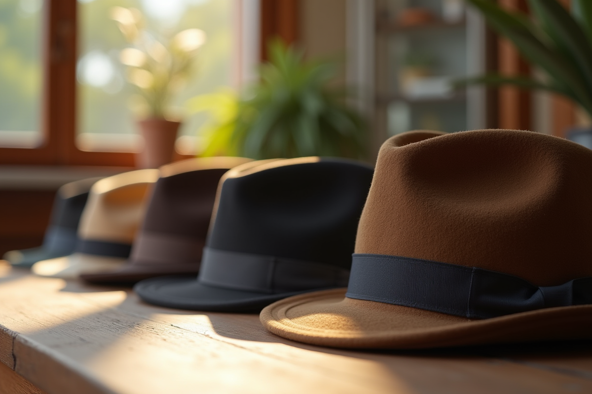 Chapeaux pour hommes en couleurs et textures variées sur une table en bois