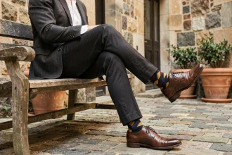 Homme élégant croisant les jambes sur un banc en bois, révélant des chaussettes fantaisie géométriques colorées assorties à un costume chic
