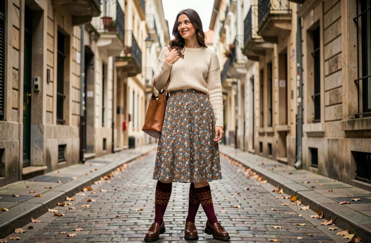 Femme en jupe midi florale et chaussettes montantes à motifs géométriques bordeaux marchant dans une rue pavée en automne