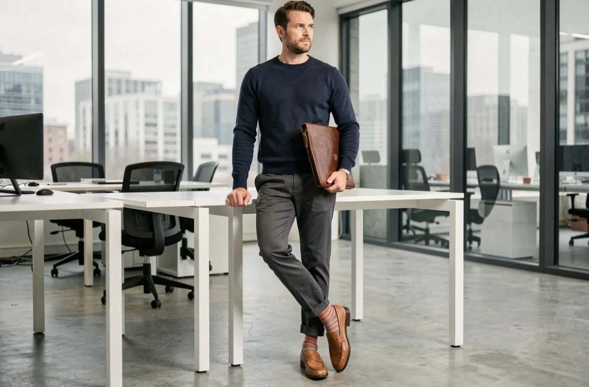 Homme en tenue professionnelle dans un bureau moderne montrant des chaussettes rayées colorées avec un pantalon chino et des mocassins en cuir