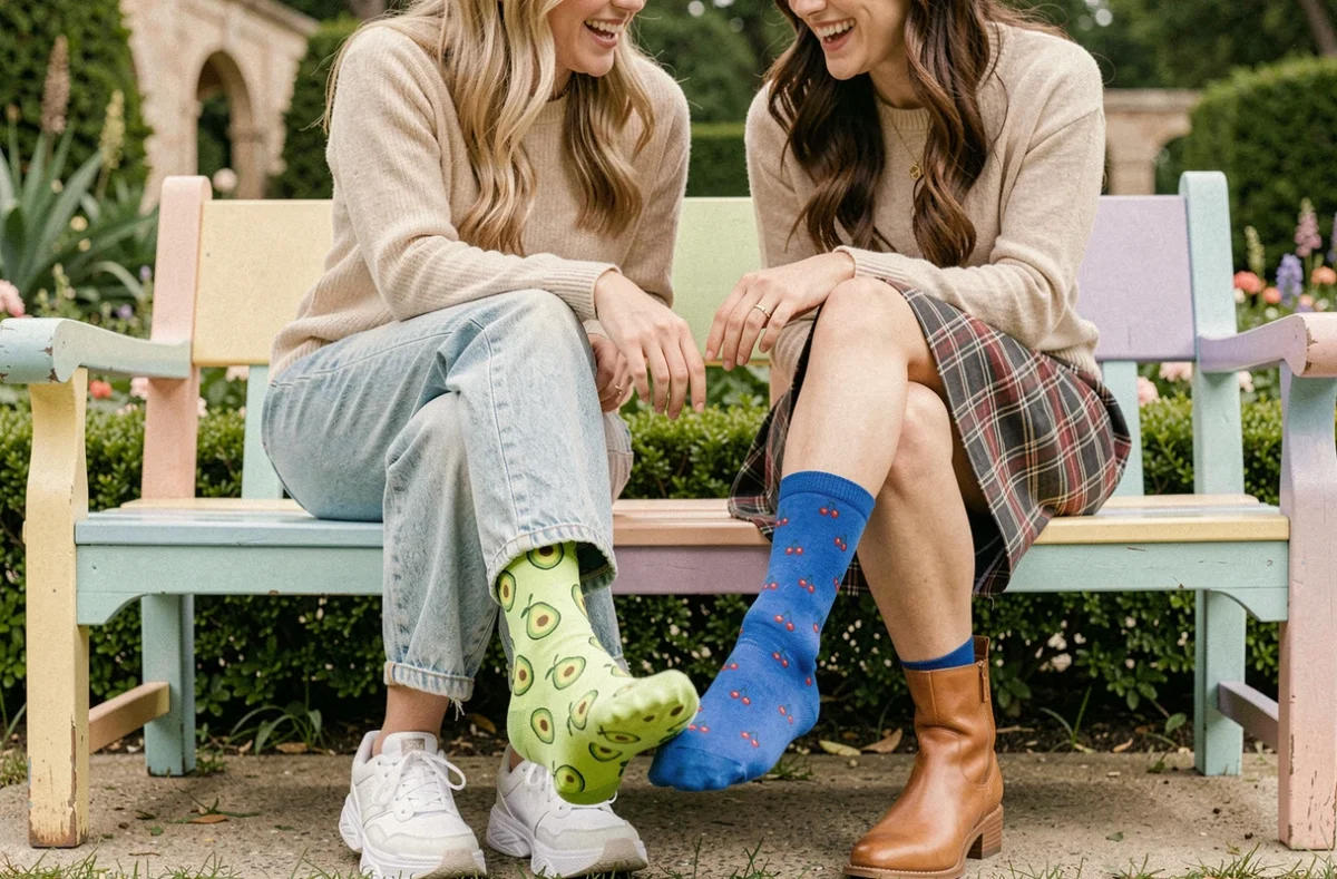 Deux femmes assises sur un banc de jardin comparant leurs chaussettes dépareillées colorées, l'une avec des avocats et l'autre avec des cerises