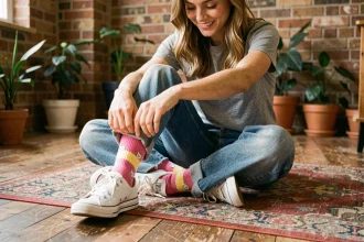 Jeune femme assise en tailleur sur un parquet, portant des chaussettes rayées colorées avec des chats brodés et des baskets blanches