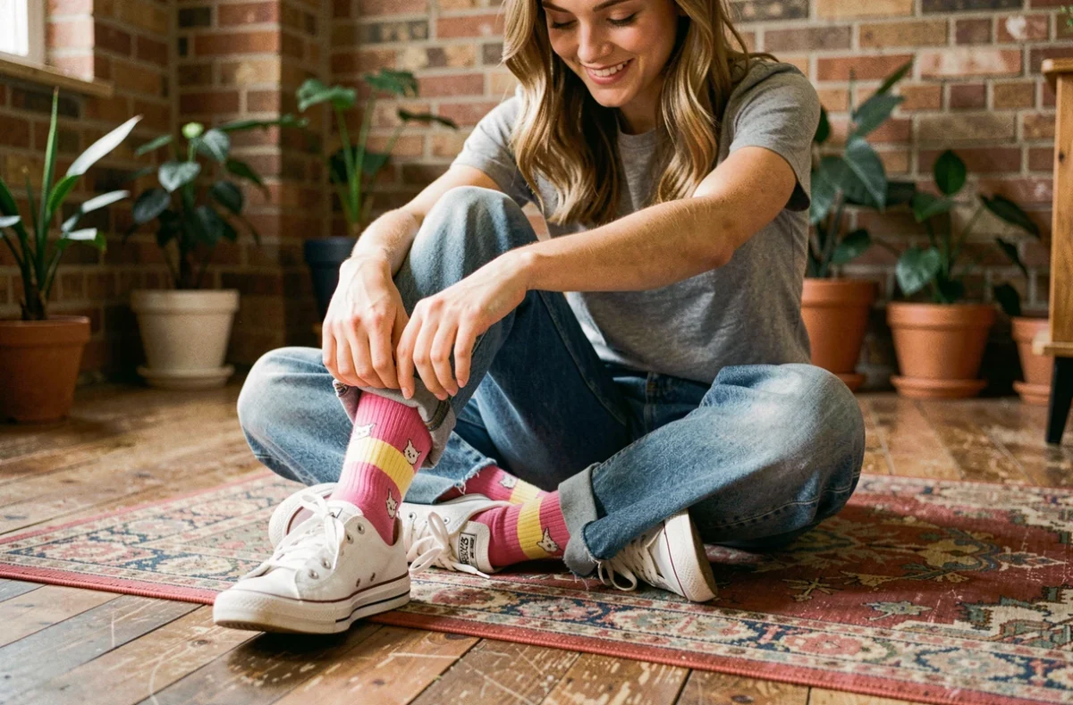 Jeune femme assise en tailleur sur un parquet, portant des chaussettes rayées colorées avec des chats brodés et des baskets blanches