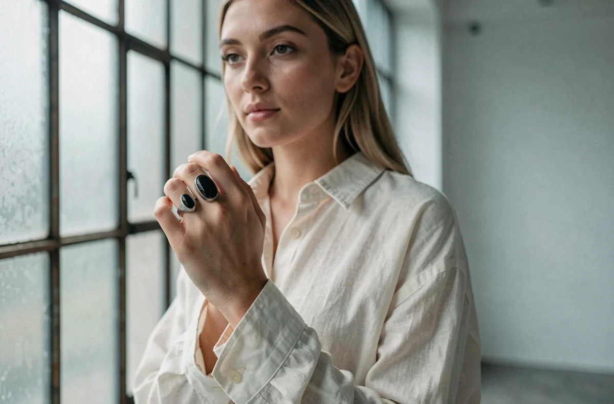 Femme portant une chevalière argent avec pierre onyx noire en plan trois quarts dans un studio minimaliste aux tons neutres