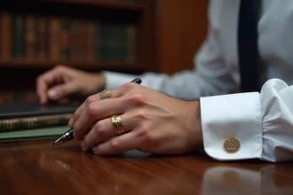Chevalière en or blanc portée par un homme élégant aux doigts posés sur un bureau en bois sombre