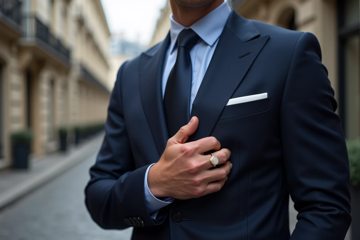 Homme en costume bleu marine portant une chevalière en or blanc dans une rue pavée parisienne