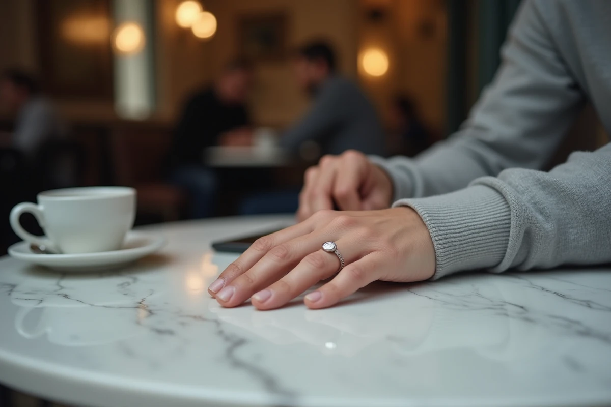 Gros plan sur une chevalière en or blanc posée sur une table en marbre dans un café parisien chic